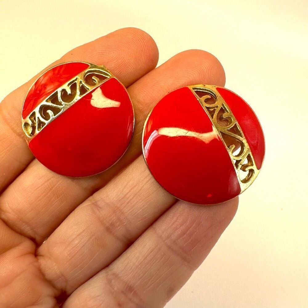 Red and gold tone vintage circle post earrings